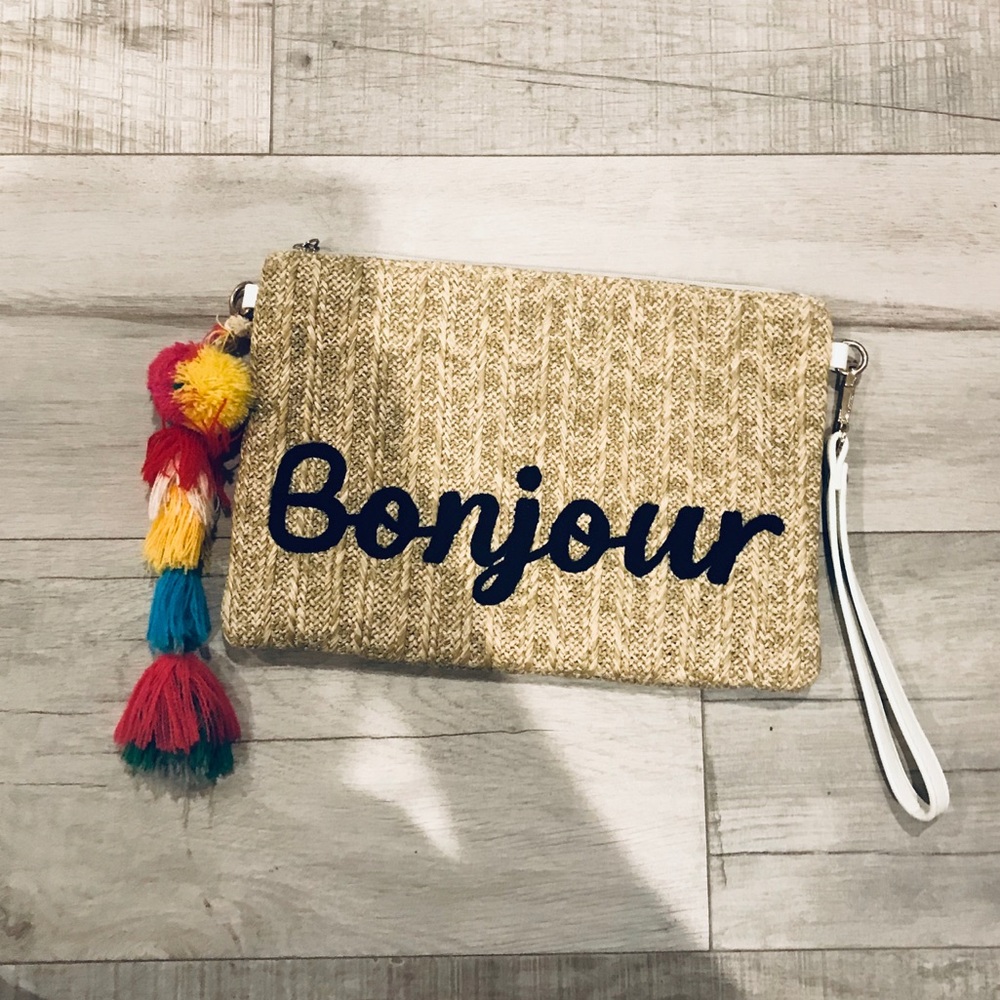 Melie Bianco St. Tropez Bonjour Beige Woven Clutch